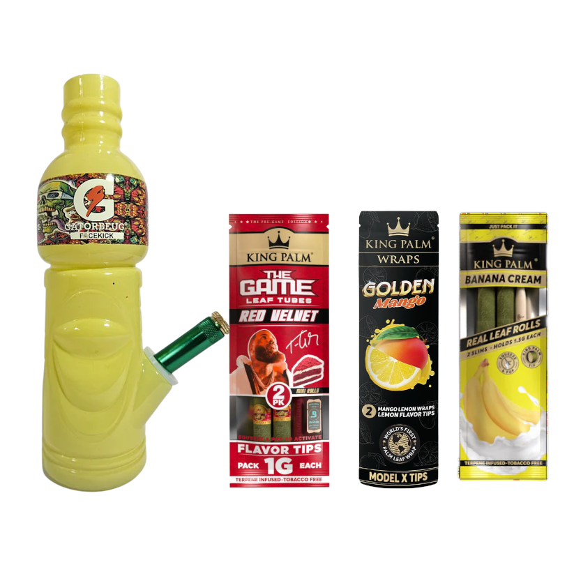 Collection of vape products including a yellow bottle and King Palm packaging on a white background