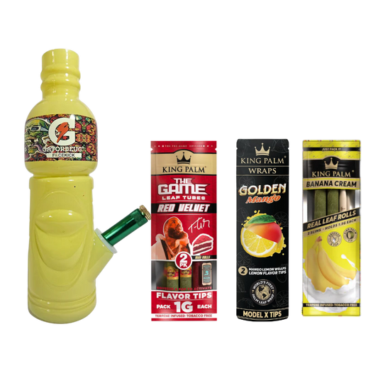 Collection of vape products including a yellow bottle and King Palm packaging on a white background