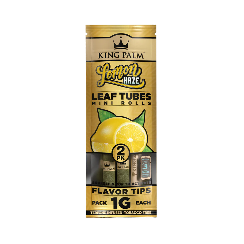 Packaging for KING PALM Minis Lemon Haze flavor tips for vaping devices, showing a lemon and the product name with a quantity of 10.