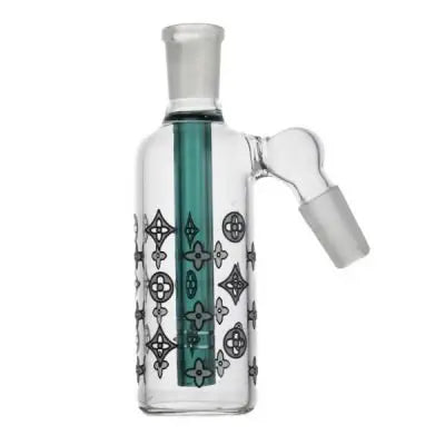 A clear glass ashtray with a geometric pattern and a glowing effect on the lower part, featuring a white rim and a single protruding stem.