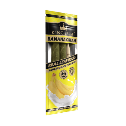 Packaging for KING PALM Banana Cream Slim, showing the product name, a image of bananas, and the phrase 'Real Leaf Rolls'