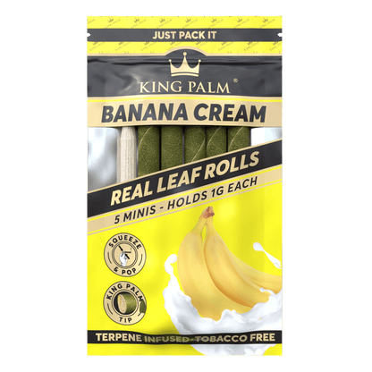 Packaging for King Palm Banana Cream Mini vaporizers, displaying the product name, a picture of bananas, and the claim of being tobacco-free with terpene infusion.