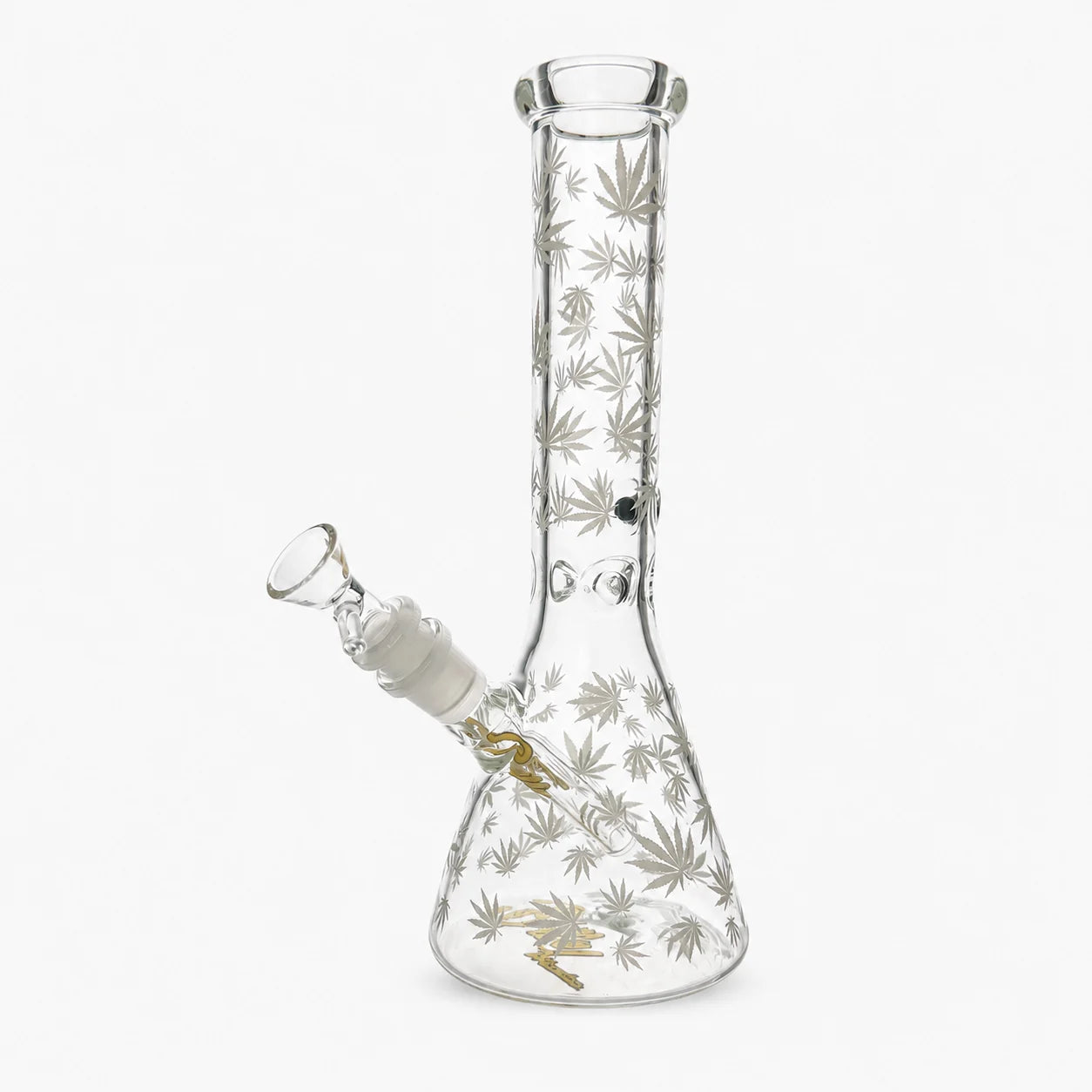 Glass beaker with cannabis leaf patterns on a white background