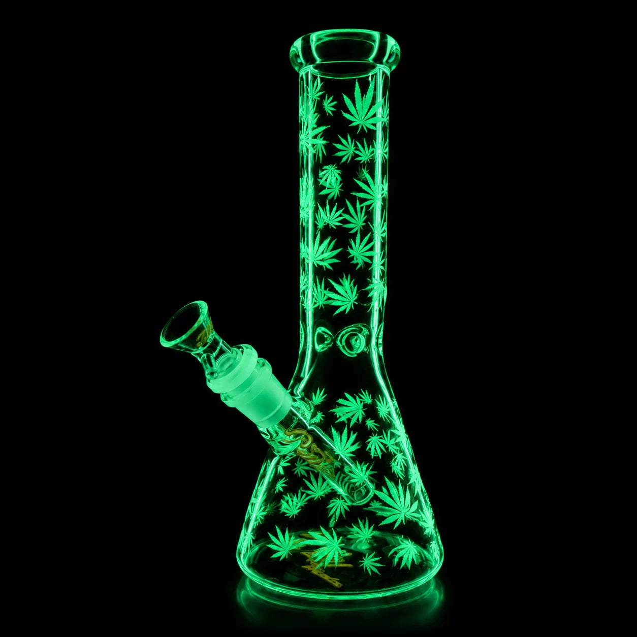 Glowing green glass bong with cannabis leaf patterns on a black background