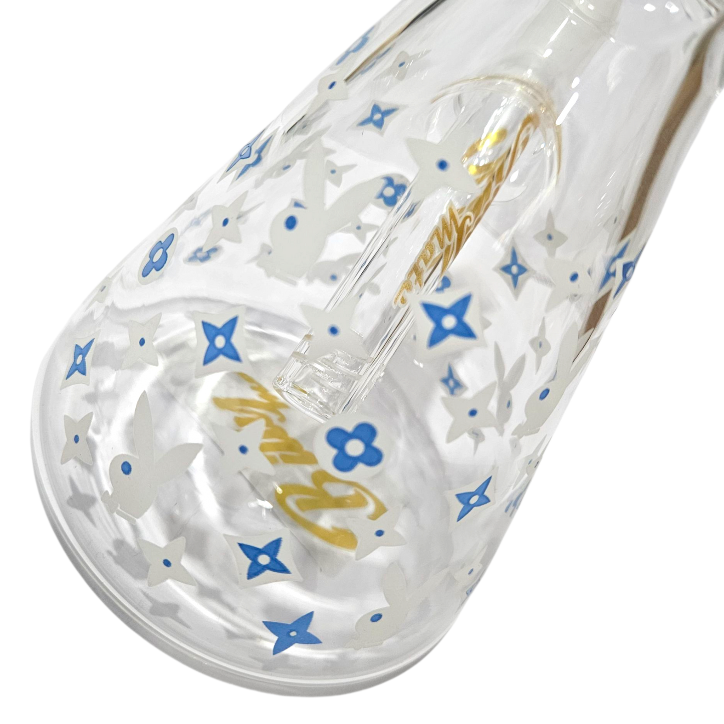 BILLYMATE LV Style Glow Beaker Bong 25cm — glass beaker bong with LV-inspired monogram design, glow-in-the-dark accents, glass stem and cone piece