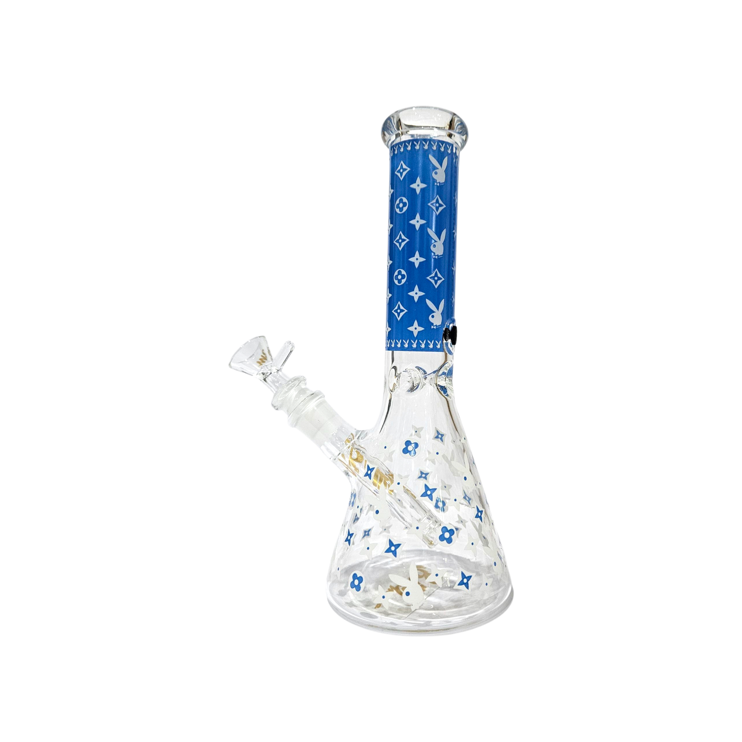 BILLYMATE LV Style Glow Beaker Bong 25cm — glass beaker bong with LV-inspired monogram design, glow-in-the-dark accents, glass stem and cone piece