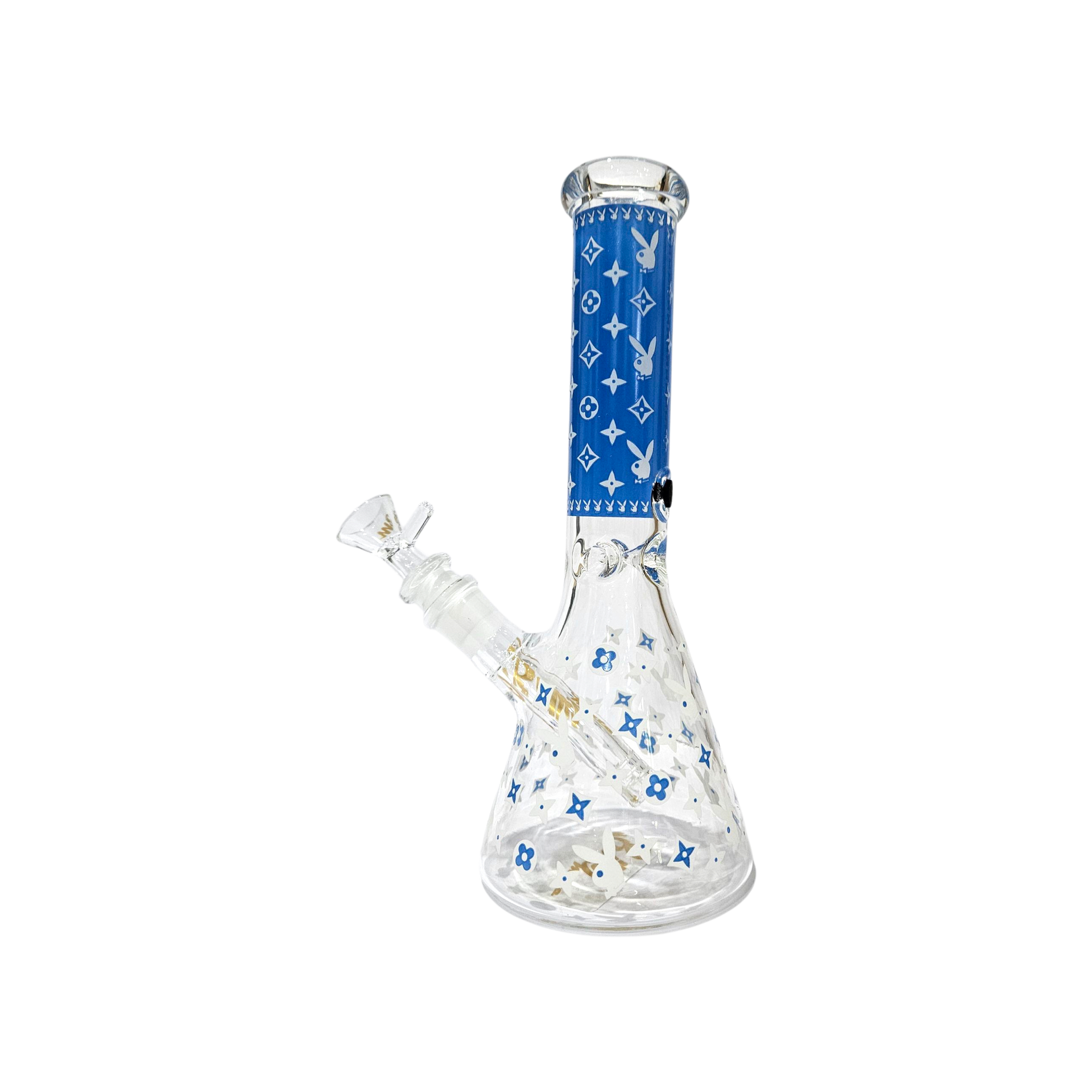 BILLYMATE LV Style Glow Beaker Bong 25cm — glass beaker bong with LV-inspired monogram design, glow-in-the-dark accents, glass stem and cone piece