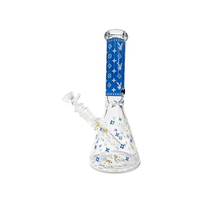 BILLYMATE LV Style Glow Beaker Bong 25cm — glass beaker bong with LV-inspired monogram design, glow-in-the-dark accents, glass stem and cone piece