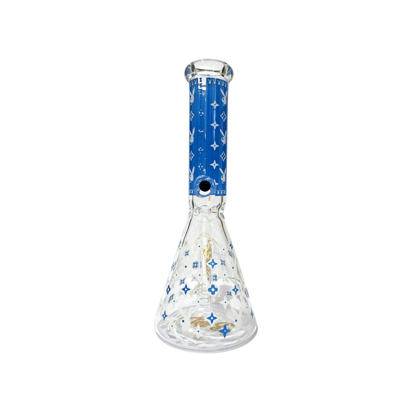 BILLYMATE LV Style Glow Beaker Bong 25cm — glass beaker bong with LV-inspired monogram design, glow-in-the-dark accents, glass stem and cone piece