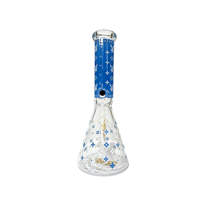 BILLYMATE LV Style Glow Beaker Bong 25cm — glass beaker bong with LV-inspired monogram design, glow-in-the-dark accents, glass stem and cone piece
