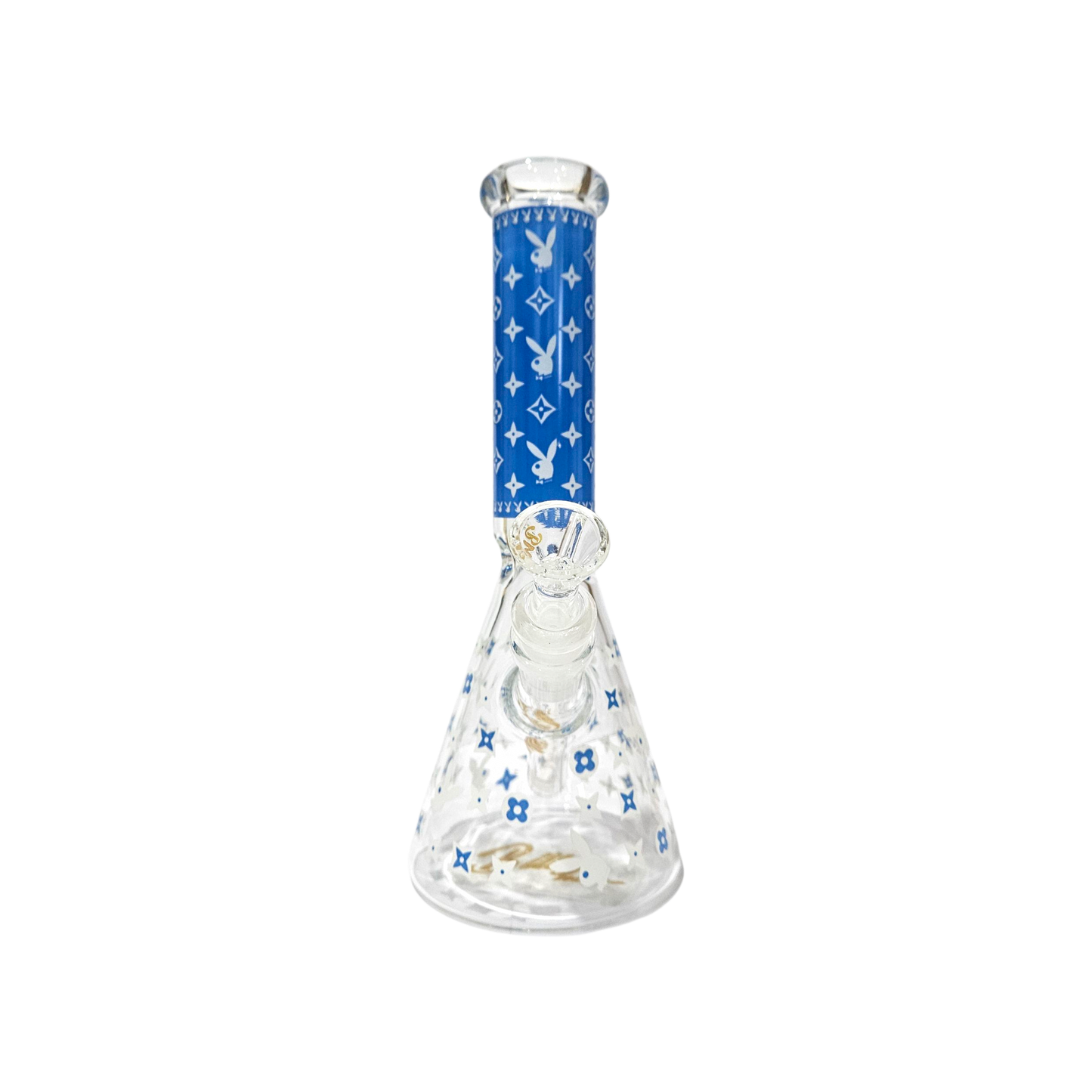 BILLYMATE LV Style Glow Beaker Bong 25cm — glass beaker bong with LV-inspired monogram design, glow-in-the-dark accents, glass stem and cone piece
