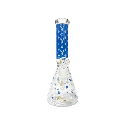 BILLYMATE LV Style Glow Beaker Bong 25cm — glass beaker bong with LV-inspired monogram design, glow-in-the-dark accents, glass stem and cone piece