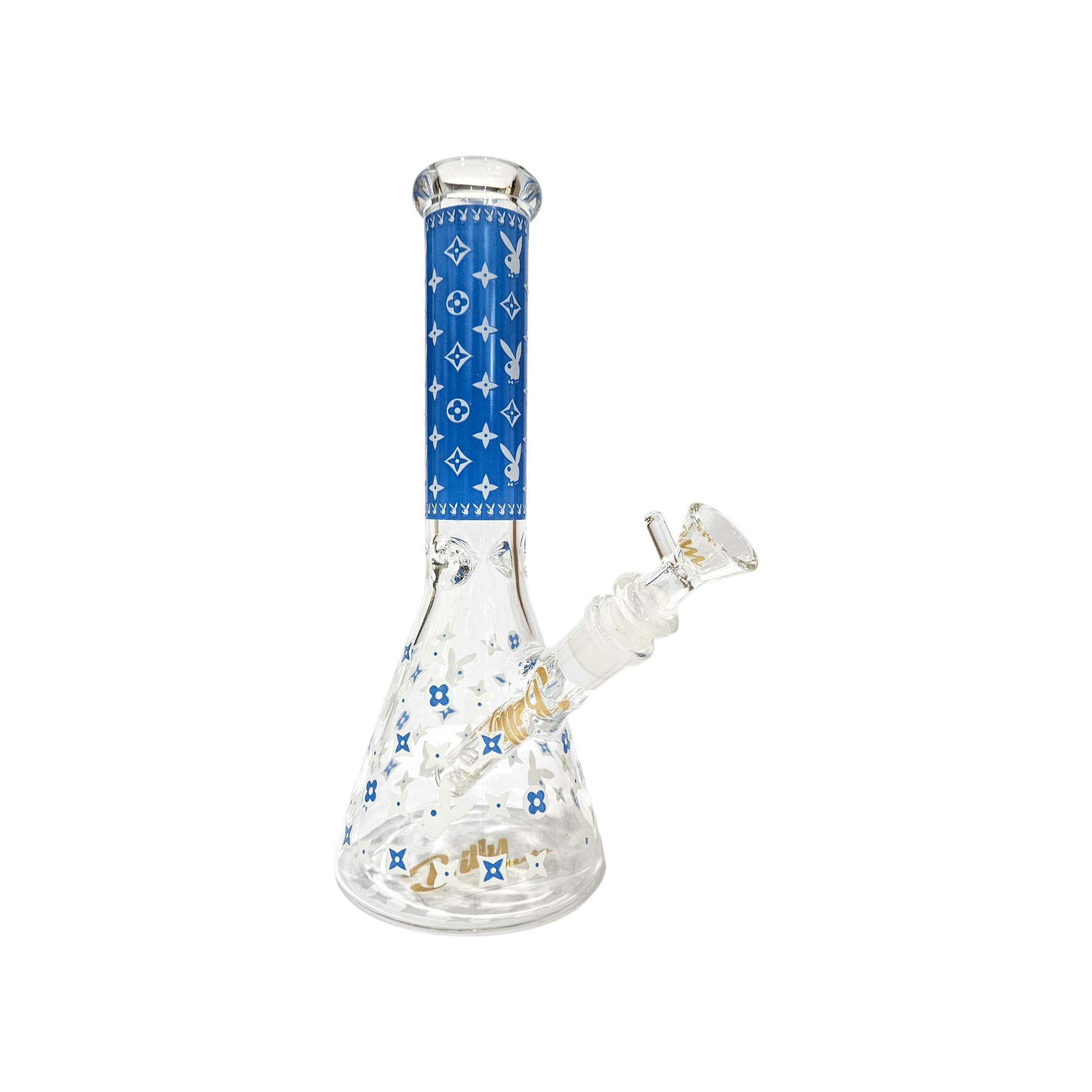 BILLYMATE LV Style Glow Beaker Bong 25cm — glass beaker bong with LV-inspired monogram design, glow-in-the-dark accents, glass stem and cone piece