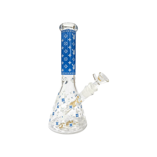 BILLYMATE LV Style Glow Beaker Bong 25cm — glass beaker bong with LV-inspired monogram design, glow-in-the-dark accents, glass stem and cone piece