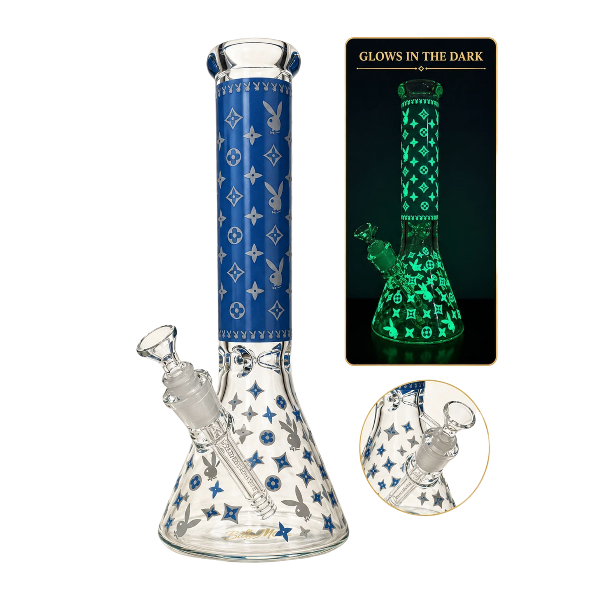 BILLYMATE LV Style Glow Beaker Bong 25cm — glass beaker bong with LV-inspired monogram design, glow-in-the-dark accents, glass stem and cone piece