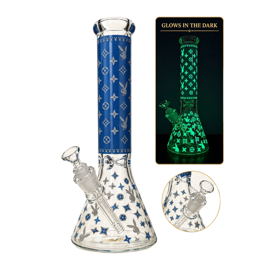 BILLYMATE LV Style Glow Beaker Bong 25cm — glass beaker bong with LV-inspired monogram design, glow-in-the-dark accents, glass stem and cone piece