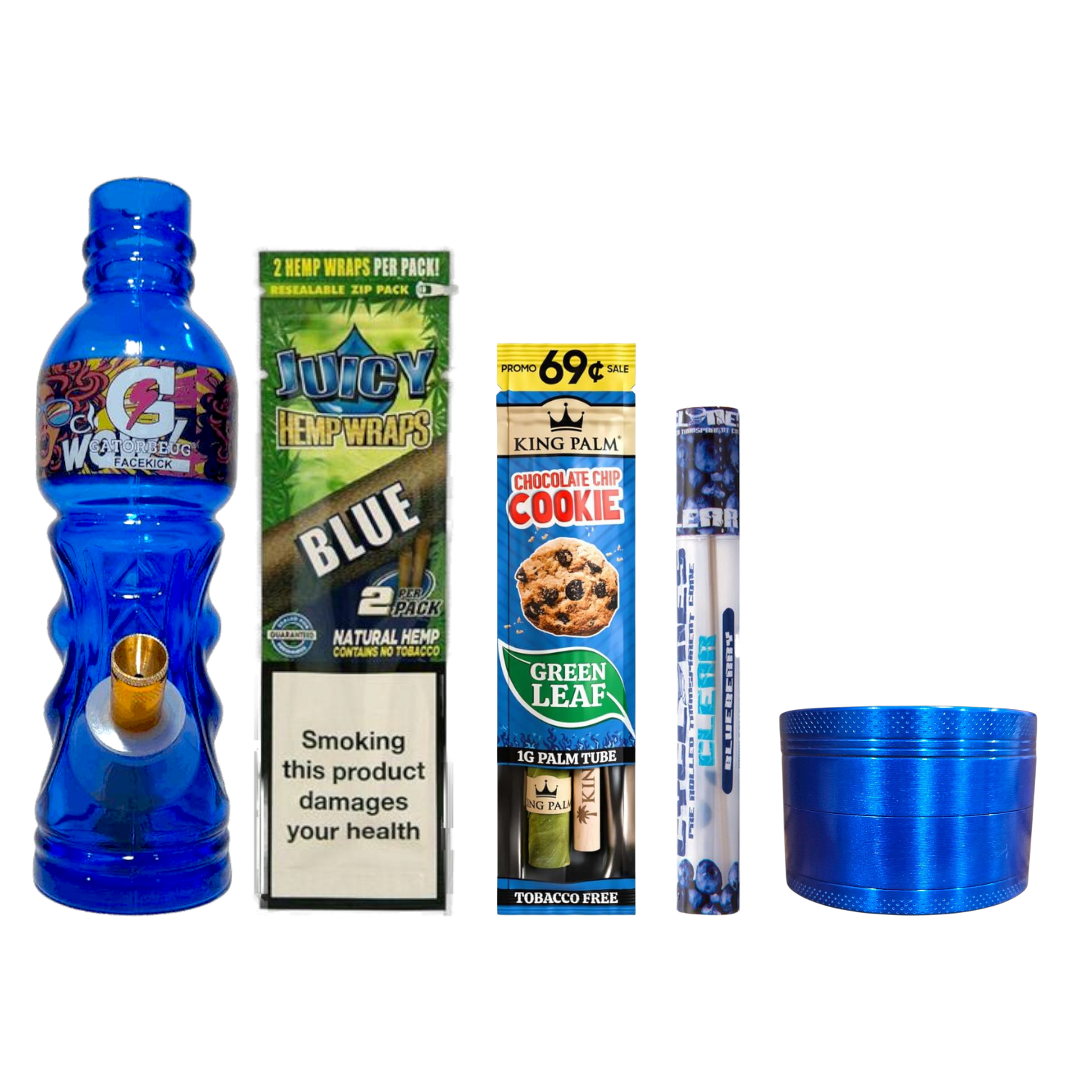 Blue Gato & Grinder Bundle featuring a 23cm blue glass bong, Juicy Jay hemp wraps, King Palm mini cookie wrap, Cyclones blueberry papers, and Billymart 4-piece grinder