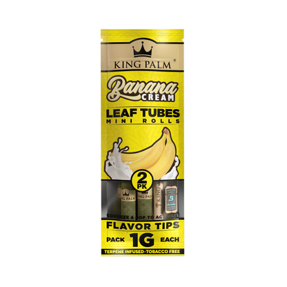 Packaging for KING PALM Minis Banana Cream flavor vaping mini rolls, featuring a yellow and black design with an illustration of a banana and a pack of 11 mini rolls.