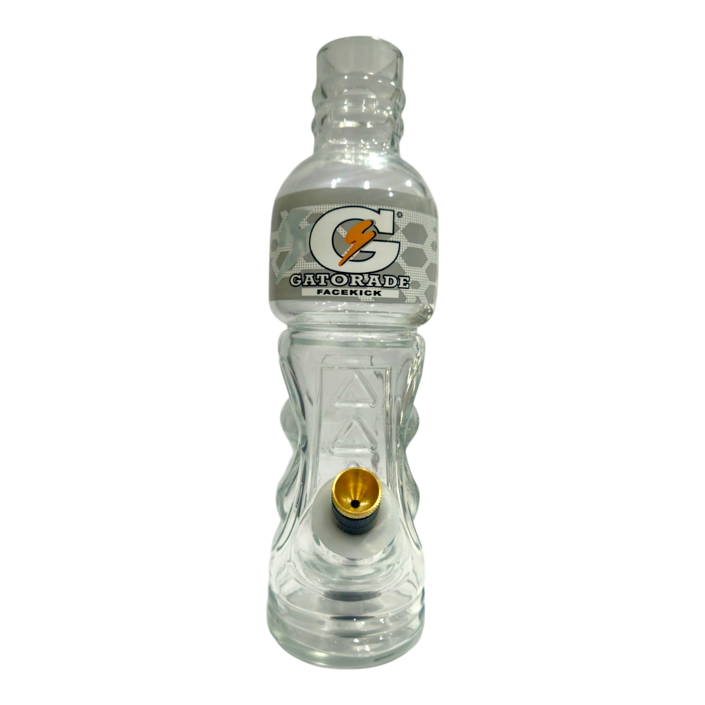 Clear Gatorade bottle with a unique design on a white background