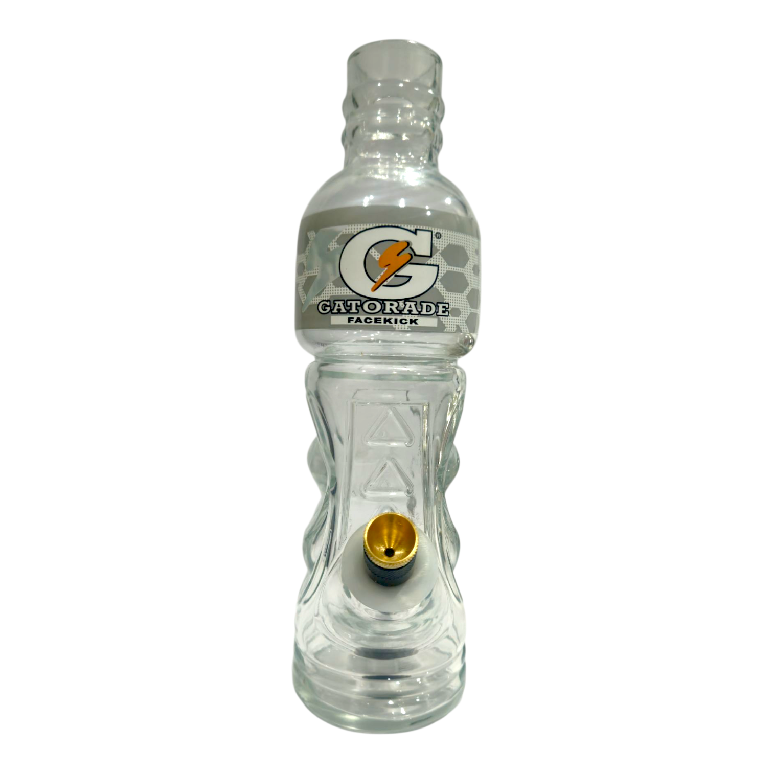 Clear Gatorade bottle with a unique design on a white background