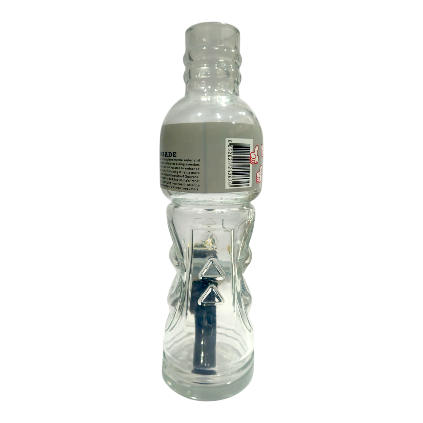 Clear plastic bottle with a label on a white background