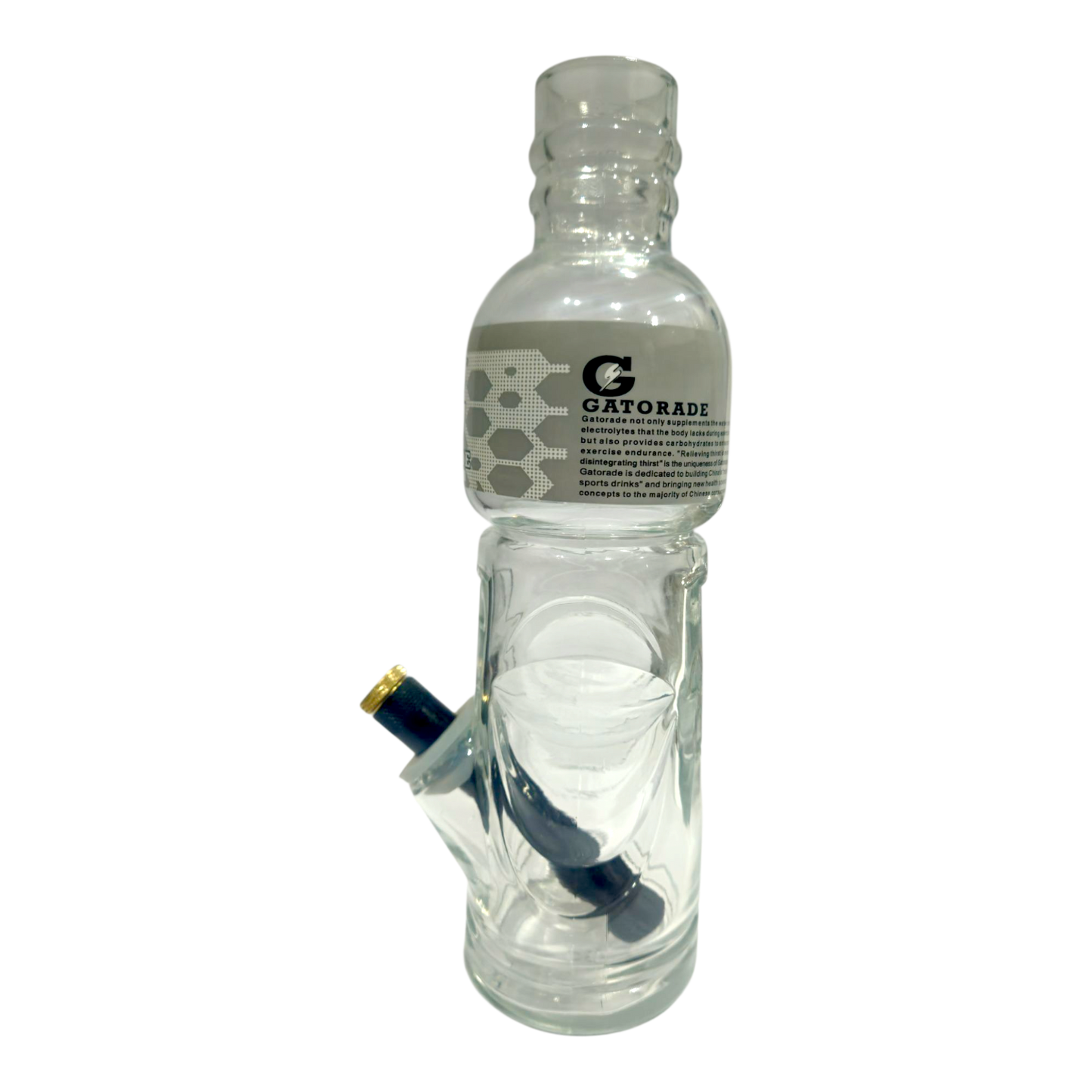 Clear glass water bottle with a smoking device attached, featuring Gatorade branding.