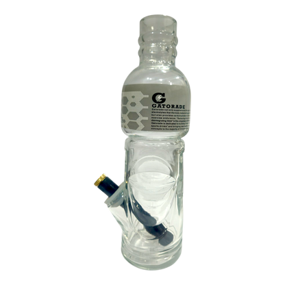 Clear glass water bottle with a smoking device attached, featuring Gatorade branding.