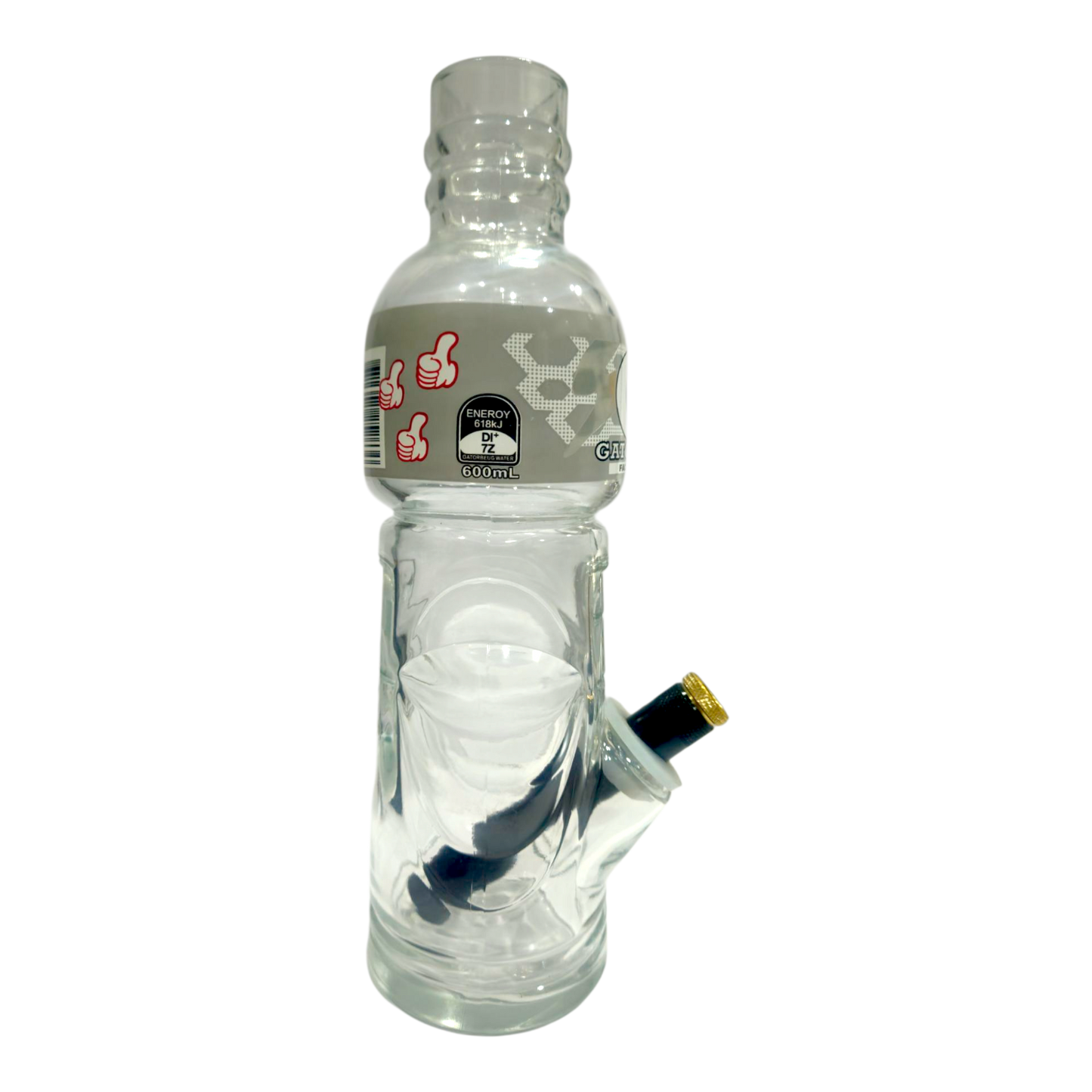 Clear water bottle with a smoking device attached on a white background