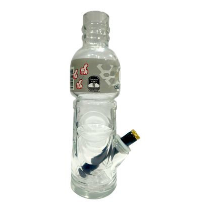Clear water bottle with a smoking device attached on a white background