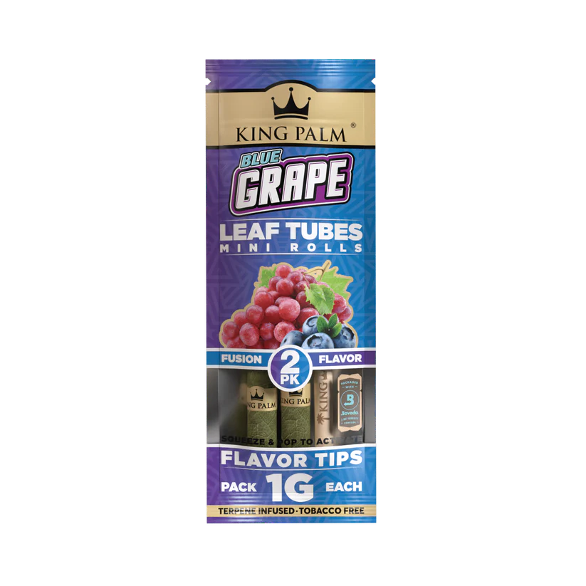 A pack of King Palm Blue Grape Leaf Tubes, which is a 2-pack set of mini rolls with grape flavor.