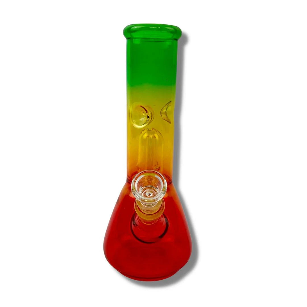 Glass bong with green, yellow, and red gradient on a white background