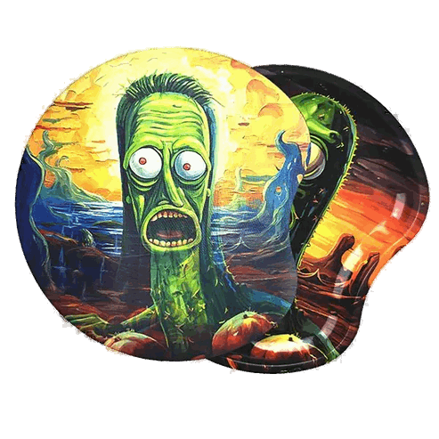 This image features the MUTANT Pickle Rick Rolling Tray With Lid, a small and vibrant product designed for both functionality and aesthetic appeal. The tray, measuring 18cm x 17cm, comes with a lid and is adorned with a bold, eye-catching design depicting a cartoon-style character in a dynamic, colorful backdrop.