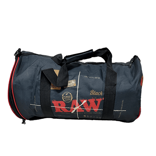 A black gym duffle bag with red accents and the 'RAW' brand logo on it.