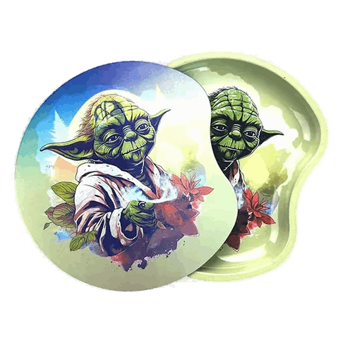 A small metal rolling tray with a lid, featuring an illustration of Yoda on the front.