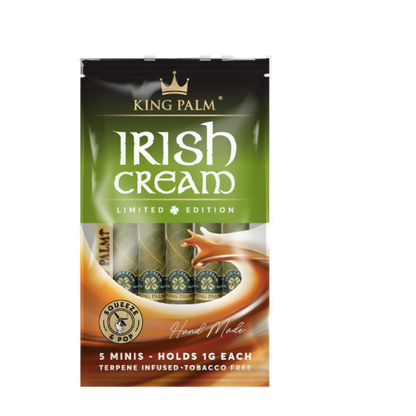 Packaging for King Palm Irish Cream Mini featuring five individual tobacco rolls with a green and brown color scheme.
