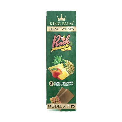 Packaging for KING PALM Hemp Wraps, with 'Pineapple' flavor indicated, along with images of pineapples and other fruits. The packaging mentions 'Model X Tips' at the bottom.