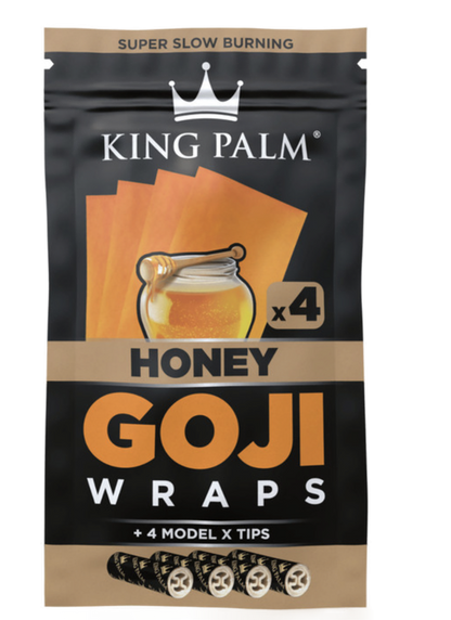 Packaging for KING PALM Goji Wraps Honey with image of the product and text indicating it is a 4-pack with model x tips.