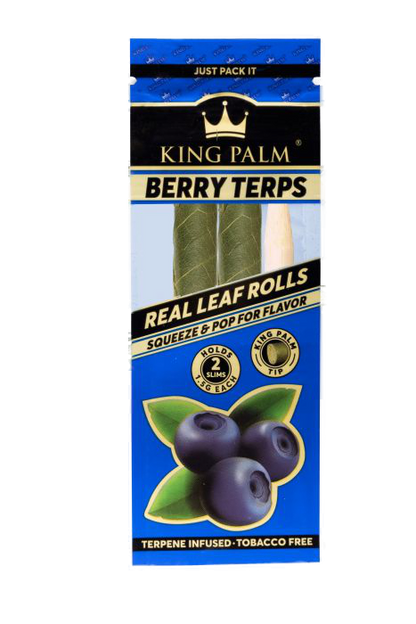 Packaging for KING PALM Berry Terps Slim rolling papers, featuring images of berries and a representation of a rolled paper with berry flavor.