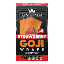 A package of KING PALM Strawberry Goji Wraps, featuring images of strawberries and the product itself visible through a window on the packaging. The package indicates it contains 4 wraps and highlights the 'SUPER SLOW BURNING' feature.