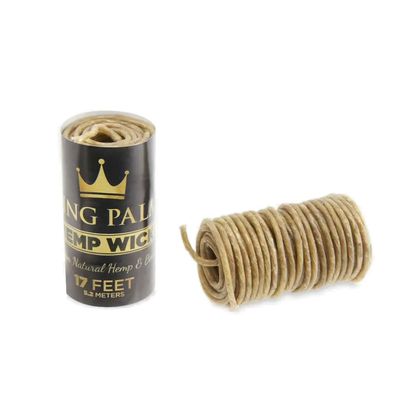 A spool of KING PALM Hemp Wick, 17 feet in length, next to its packaging.
