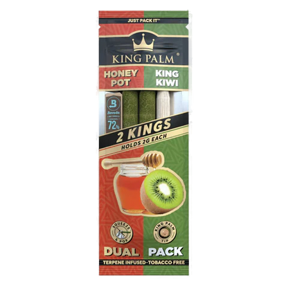 Packaging for KING PALM Dual Pack Honey/Kiwi King Size with images of honey and kiwi, indicating flavored tobacco products.