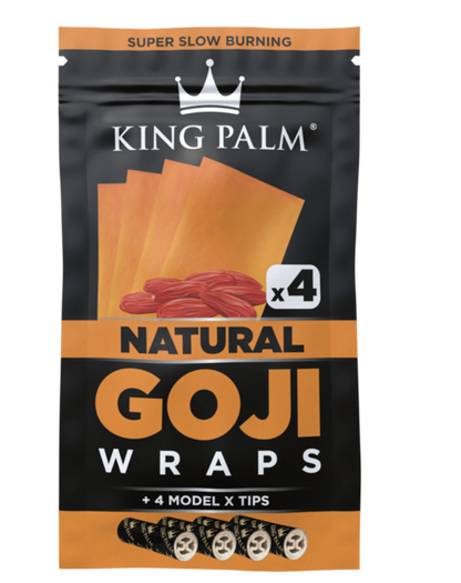 Packaging for KING PALM Goji Wraps Natural with four Model X tips. The package is black and orange with an image of the wraps and goji berries on the front.