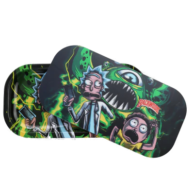 A small metal tray with a 3D design featuring cartoon characters from Rick & Morty being chased by a monster.