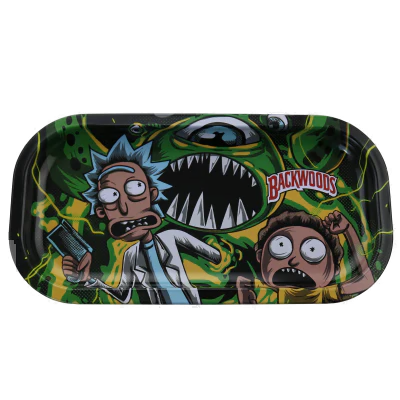 A small metal tray with a 3D design featuring cartoon characters from Rick & Morty being chased by a monster.