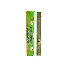 A mini tube of King Palm cigars in green apple flavor, packaged in a green and white box.