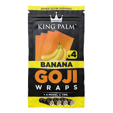 Packaging for KING PALM Goji Wraps with Banana flavor, showing the product name and count, against a black background with yellow and orange accents.