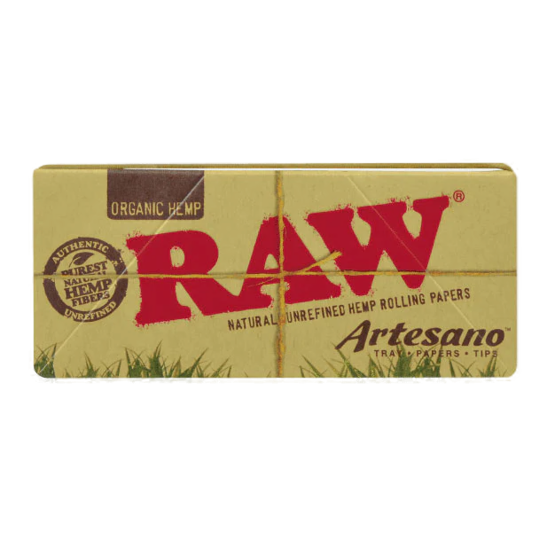 Pack of RAW Organic Hemp Artesano rolling papers with a natural and unrefined hemp design, featuring red and white branding on a beige background.