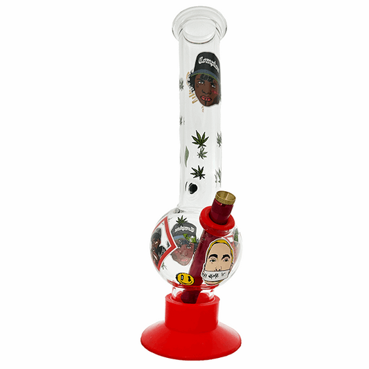 Glass smoking device with colorful designs and a red base on a white background