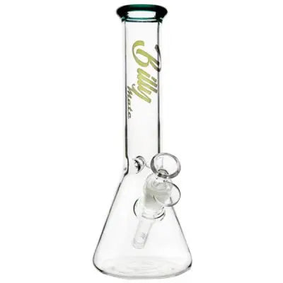 A clear glass beaker with green accents and text on its surface, featuring a lid and a handle.