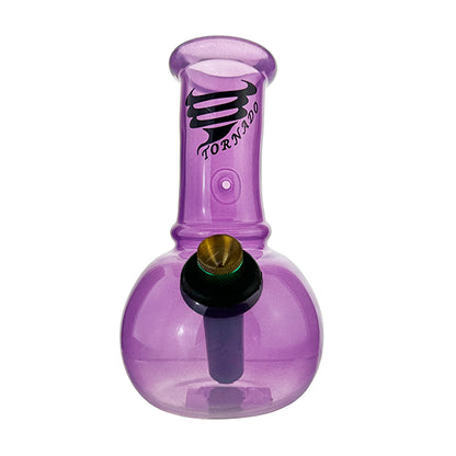 A compact purple glass smoking accessory with a logo and lightning bolt design on the side.